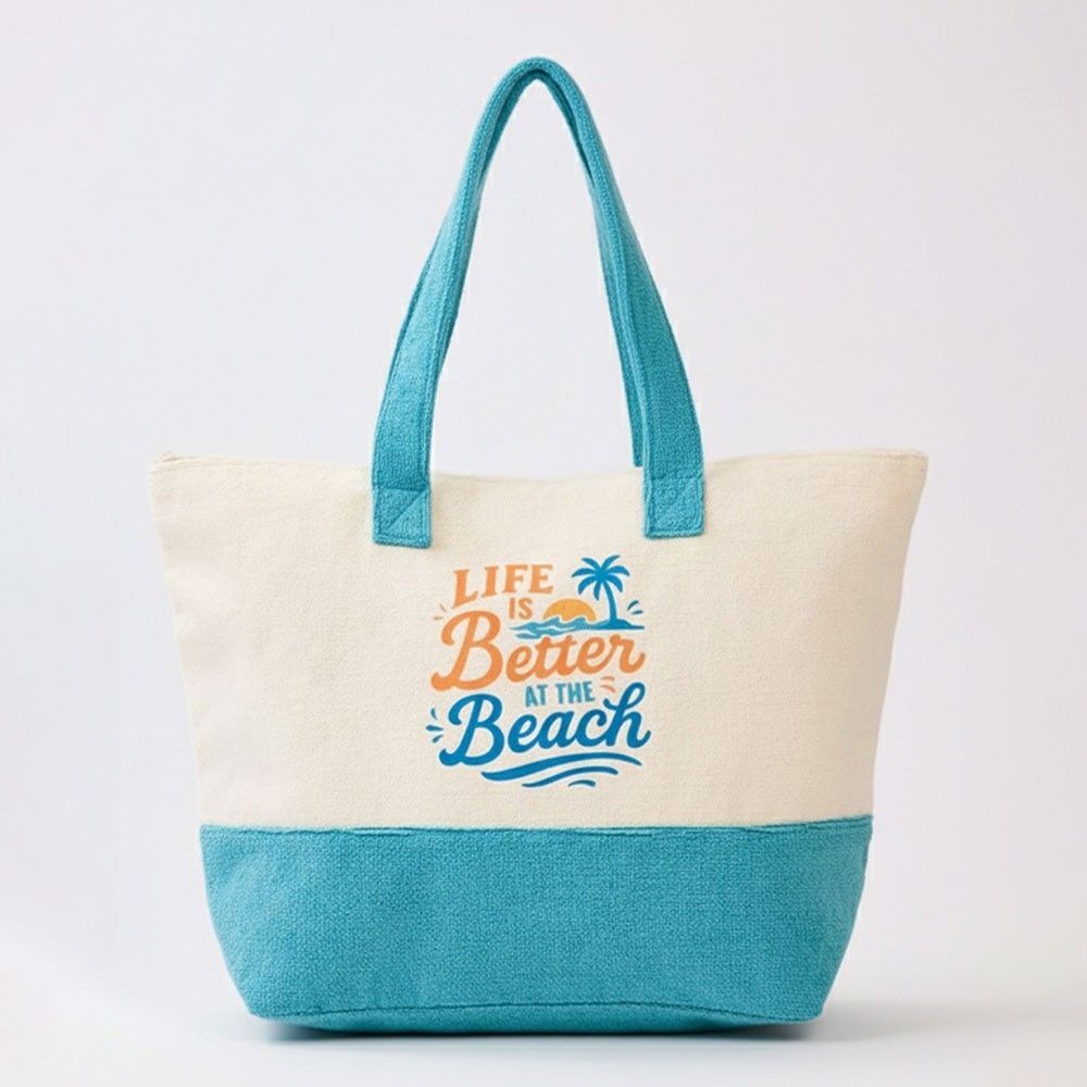 Women's "Life is Better at the Beach" Message Terry Tote Bag Inner Pockets Blue